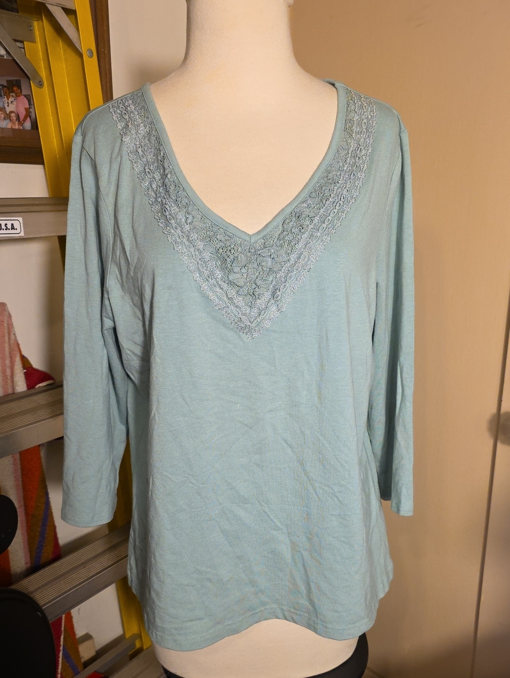 Apostrophe Light Sage Green V-Neck Long Sleeve Top with Lace Trim